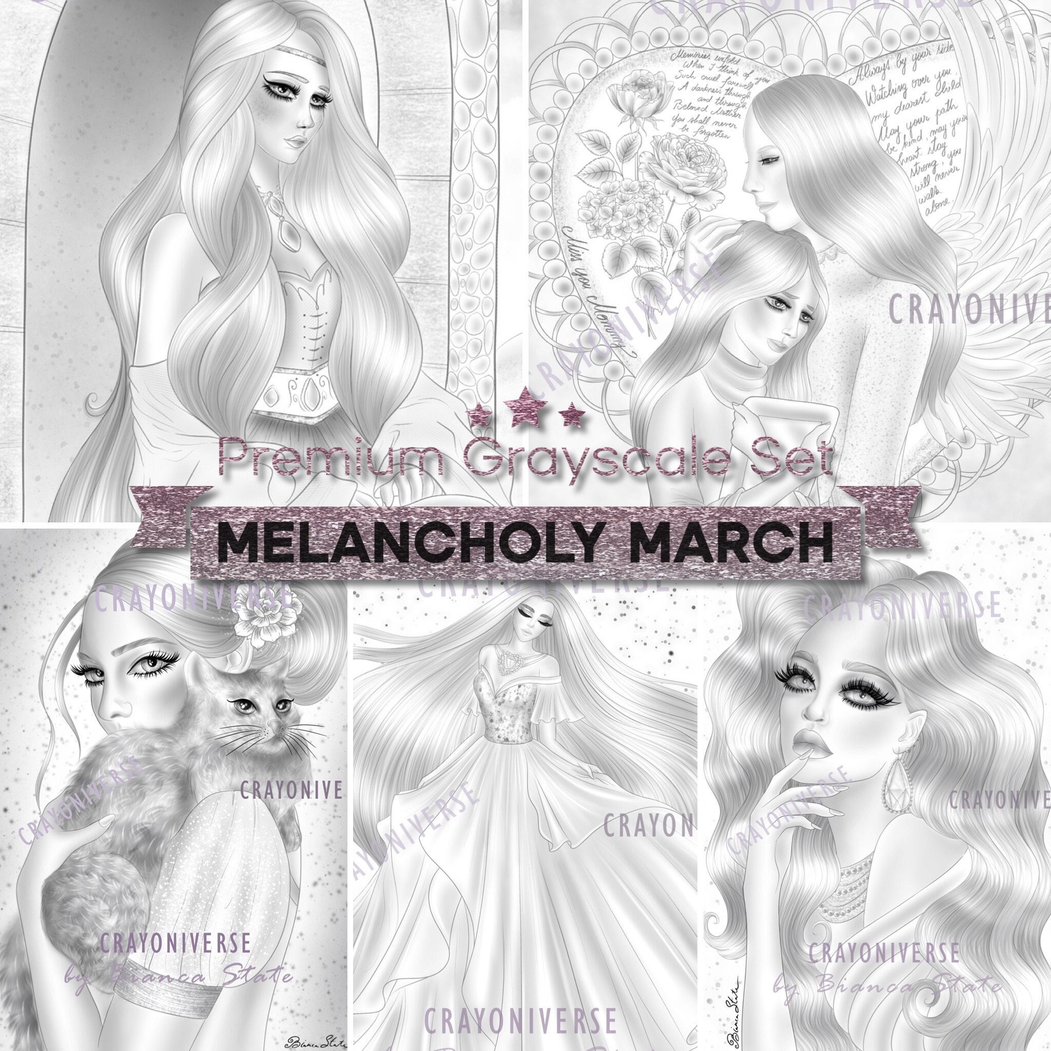 Melancholy March Coloring Set for Adults Instant Download Printable Files 5  Grayscale Illustrations JPG 