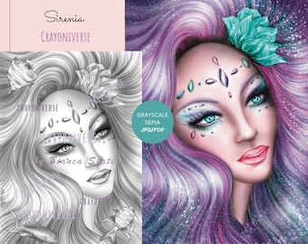 Mermaid Grayscale Coloring Page: Sirenia Illustration (JPG Digital Download)