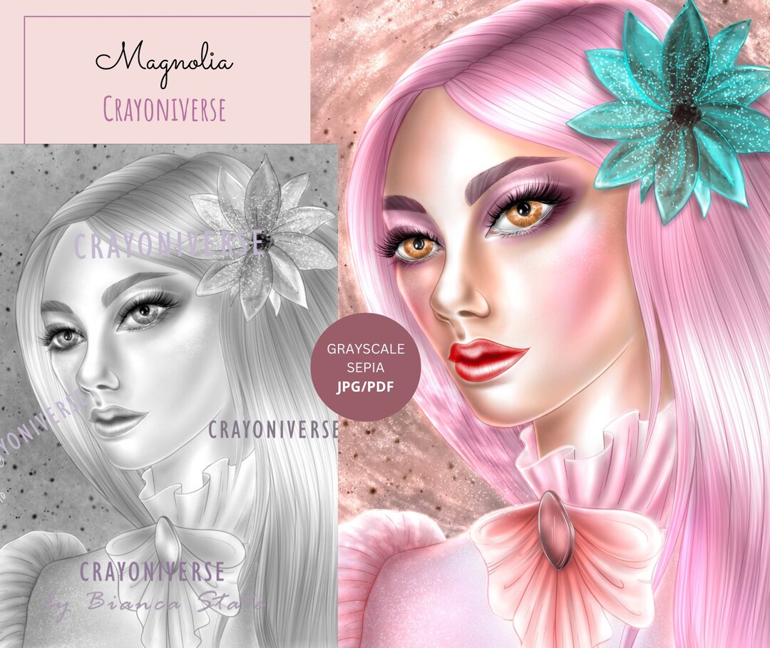 Magnolia - Grayscale Coloring Page by Bianca State. Lilac, Sepia, Dark ...