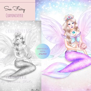 Sea Fairy - Coloring Page for Adults * Instant Download * Printable File * Grayscale Illustration * JPG and PDF * Bianca State * MERMAY