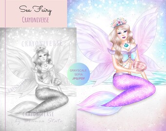 Sea Fairy Coloring Page: Grayscale Illustration (JPG & PDF)