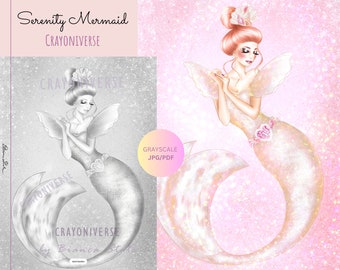 Serenity Mermaid Coloring Page: Grayscale Illustration (JPG & PDF)