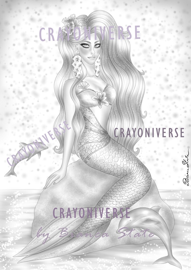 Mermaids Bundle 2: Grayscale mermaids illustrated by Bianca State. 3 beautiful sirens coloring pages in Grayscale image 3
