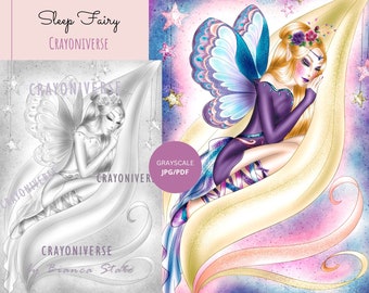 Sleep Fairy - Grayscale coloring page by Bianca State. JPG and PDF