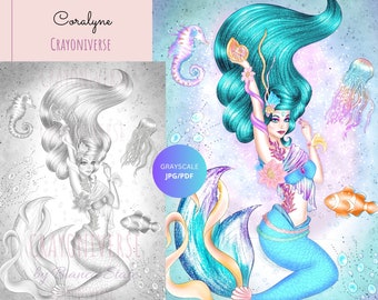 Página para colorear de la sirena Coralyne: Ilustración en escala de grises (JPG y PDF)