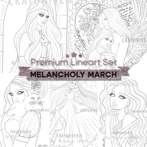 Melancholy March Coloring Set for Adults Instant Download Printable Files 5  Lineart Illustrations JPG 