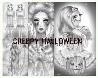 Creepy Halloween - Coloring Set for Adults * Instant Download * Printable Files * 5 Grayscale Illustrations * JPG * Halloween