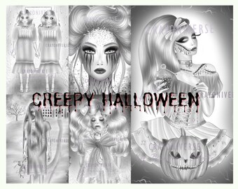 Creepy Halloween Coloring Pages: Grayscale Horror Art (JPG Digital Download)