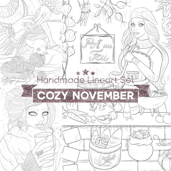 Cozy November Coloring Set for Adults Handmade Instant Download Printable  Lineart Illustration JPG Files Bianca State 