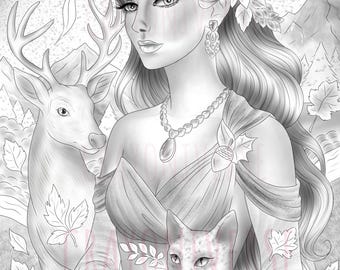 Princess of Autumn Coloring Page: Grayscale Fall Illustration (Printable File)