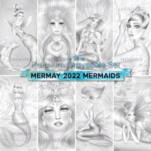 Mermaids Bundle: Grayscale mermaids illustrated by Bianca State - 8 beautiful mermaids coloring pages - JPG and PDF - Mermay