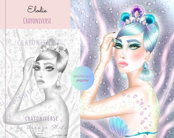 Elodie Mermaid Coloring Page for Adults: Grayscale Illustration (JPG, PDF)