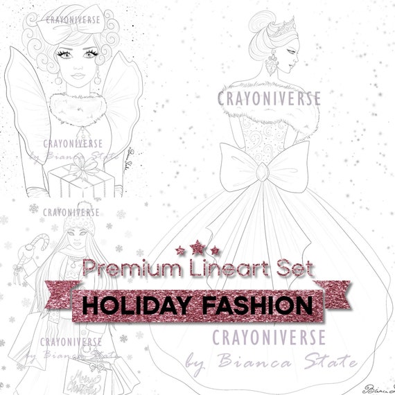 Holiday Fashion Coloring Set for Adults Instant Download Printable Files 3  Lineart Illustrations JPG and PDF Christmas 