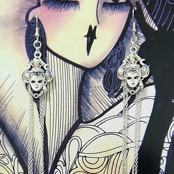 pierrot art deco  venetian mask earrings cabaret jazz theatrical jewellery recycled eco bohemian long dangle statement erte inspired art