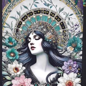 Gran tarjeta de recuerdo A4 estilo art nouveau para cumpleaños, mamá, novia, hermana, hija, piedras preciosas, impresión artística original adornada con esmeralda y lila, hecha a mano