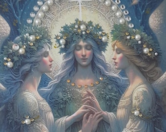 Lindo conjunto de anjos de igreja de fantasia, 2 lembranças, grande cartão de Natal com joias feitas à mão, esposa e filha, cristais de ouro, pedras preciosas, pérolas, original