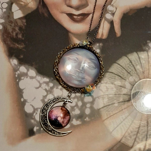 man in Moon pendant beautiful dangle drop hip hop 80s clown face flower girl jewellery necklace art deco vintage kitsch pretty handmade mod