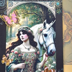Große a4 Erinnerungskarte Liebe Einhorn Fantasy magisch Frau Freundin schöne Edelsteine Kristall Märchen handgemacht original Geburtstagskarte, Print