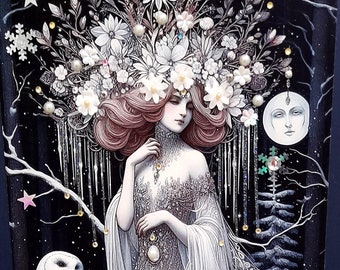 May include: An illustration depicting a woman in a white gown and floral headdress, with two owls on snowy branches. The artwork has a dark, starry background with a crescent moon and a winter forest theme.