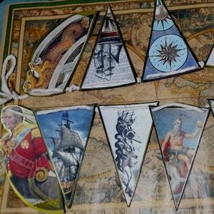 Bandeira marítima náutica britânica feita à mão, galeão vintage, litoral, deuses do oceano, tridente posicionado, sereia de Netuno
