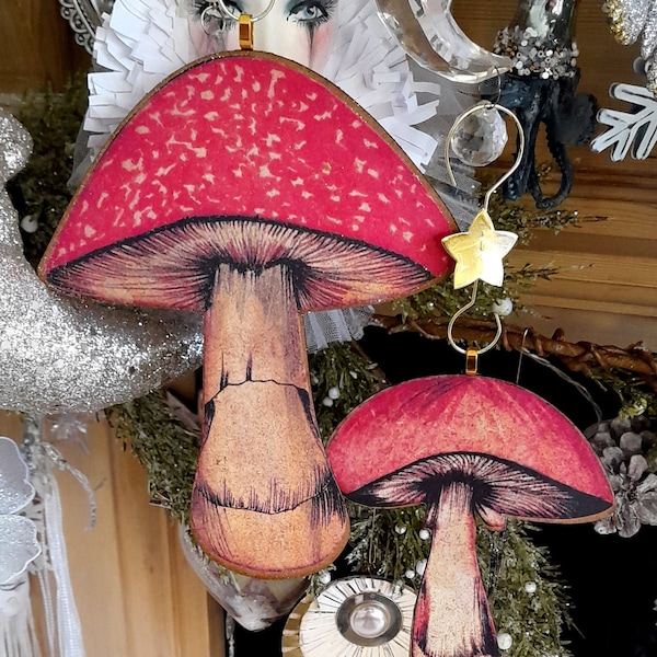 2 christmas vintage fairy nordic  decorations wooden hand made art deco bohemian winter xmas mushroom toadstool beautiful wall hanging