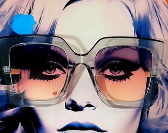 Clear grey frame sunglasses oversized chic stylish peach to pink gradient square dual oversized retro fashion ibiza sunglasses san tropez