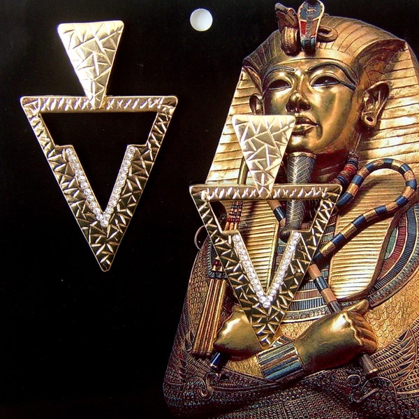 goldtone triangle egyptian earrings  rhinestone geometric gothic symbol pagan   earrings dramatic jewellery  earrings  gift  opulent