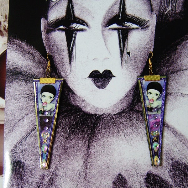 pierrot lilac purple eco dangle drop hip hop 80s clown sad face flower girl jewellery earrings art deco vintage kitsch pretty handmade mod