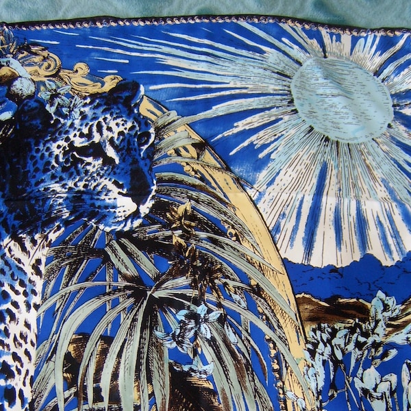 blue  brown gold leopard print scarf shawl sun moon stars floral  exotic jungle cats panther retro sunray moon painting square silky feel