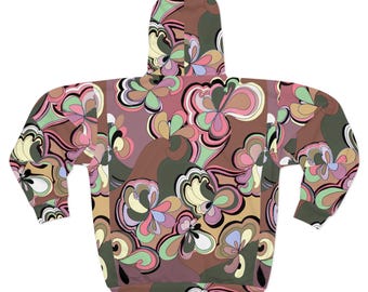 Sudadera con capucha retro con estampado floral en espiral / Sudadera con cremallera y estampado integral