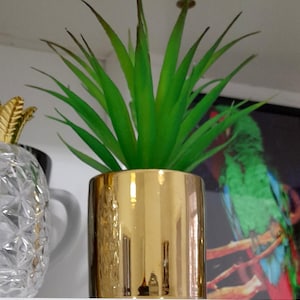 May include: A small, artificial succulent plant with bright green leaves in a gold-coloured, cylindrical pot. The pot has a shiny, reflective surface. The plant is displayed on a white shelf, with a decorative pineapple and a parrot painting in the background.
