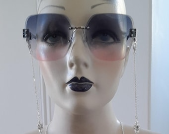 Retro Ombre Rimless Sunglasses with Safety Chain, Gradient Tinted Lenses