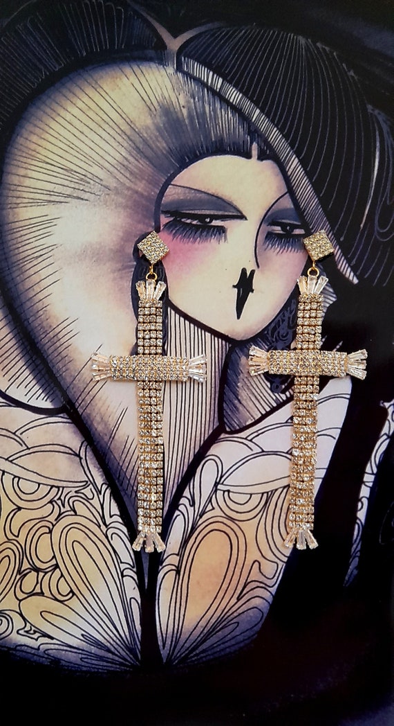 large diamond diamante rhinestone  cross earrings… - image 7