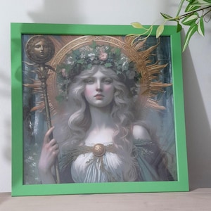 Sun Goddess Square gerahmter Druck heidnischer schöner grüner Sommerdekor hübsches gothic Tarot Schlafzimmer Wohnzimmer.Küche Wandbehangplakette