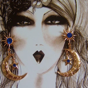 pierrot art deco moon blue   earrings circle cabaret jazz theatrical jewellery gold plate  bohemian long dangle statement erte inspired art