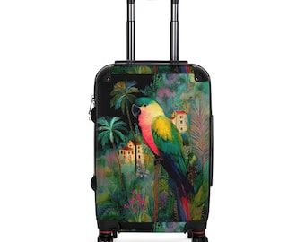 Tropical Parrot Suitcase | Colorful Bird Luggage, Jungle Illustration
