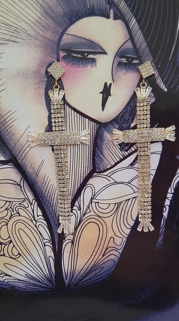 large diamond diamante rhinestone  cross earrings… - image 9