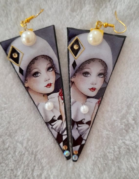 gold pierrot columbine earrings harlequin dangle … - image 9