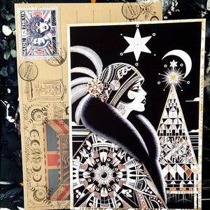 アールデコ フラッパー 記念品 A4 手作り 宝石付き クリスマス カード 妻 娘 1920 年代 封筒 ビンテージ スタンプ ゴールド クリスタル 宝石 真珠 オリジナル