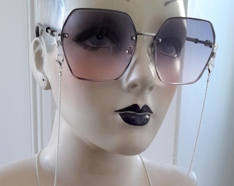 Oversized Ombre Sunglasses with Chain, Retro Blue Tint
