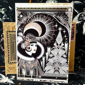 Art deco flapper souvenir a4 ręcznie robiona biżuteryjna kartka świąteczna żona córka koperta z lat 20. XX wieku vintage znaczek złote kryształy kamienie szlachetne perły oryginał