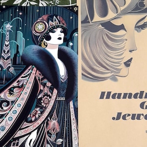 Art Deco Flapper Andenken A4 handgemachte Weihnachtskarte Freundin Tochter 1920er Jahre Umschlag Vintage Stil Gold Kristalle Edelsteine Perlen Original