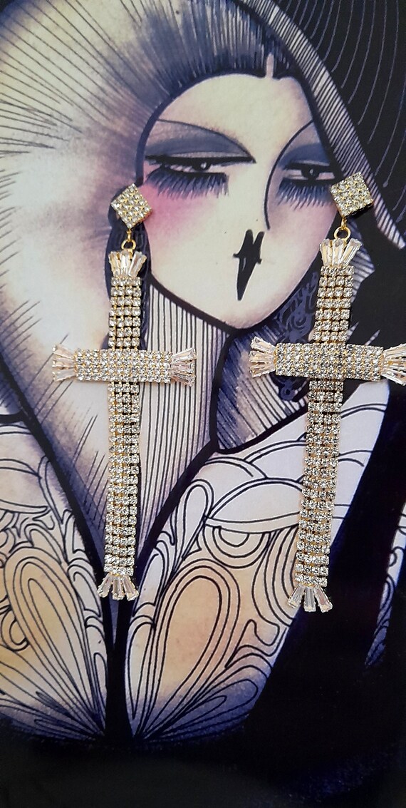 large diamond diamante rhinestone  cross earrings… - image 5