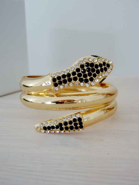 snake serpent black and gold hinged bracelet bangl