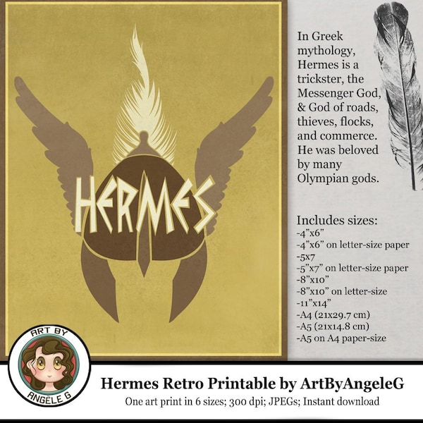 Printable Art - Hermes Greek Mythology Messanger God, Trickster, Winged Helmet - Retro Print, Digital download, home decor, Art by Angele G