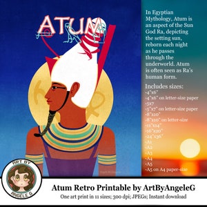 Printable Art Atum Egyptian Mythology Sun God of Sunset, dual crown Egypt Retro Art Print, home decor, Digital download, Art by Angele G image 1