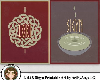 Printable Art - Loki and Sigyn Norse mythology God and Goddess, Trickster - Retro Art, set of two prints, Digital download, Art by Angele G