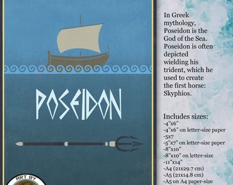 Printable Art - Poseidon Greek Mythology God of the Sea, pagan god, - Retro Art Poster Print, Digital download, Art by Angele G, trident
