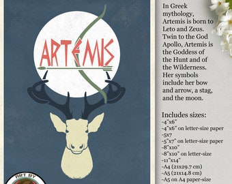 Printable Art - Artemis Greek mythology Goddess of Hunt, Wild, Animals, Moon - Retro poster Print, Pagan, Wiccan home decor, Art by Angele G