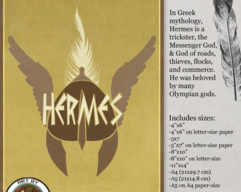 Printable Art - Hermes Greek Mythology Messanger God, Trickster, Winged Helmet - Retro Print, Digital download, home decor, Art by Angele G
